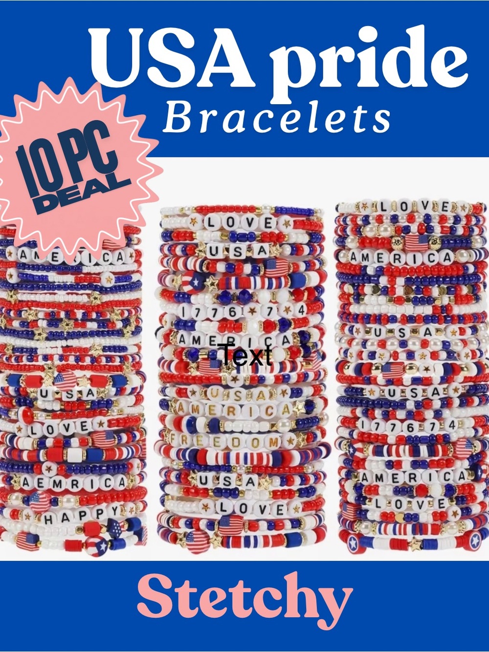 USA Pride Red White Blue Beaded Bracelet Set of 10